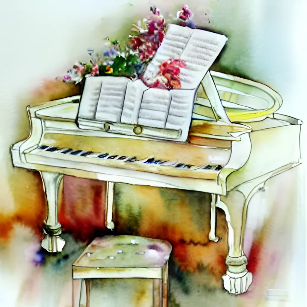 ภาพสีน้ำเปียโนสีขาวพร้อมโน้ตเพลงและดอกไม้ สื่อถึงการเรียนเพลงผ่านหลายช่องทาง