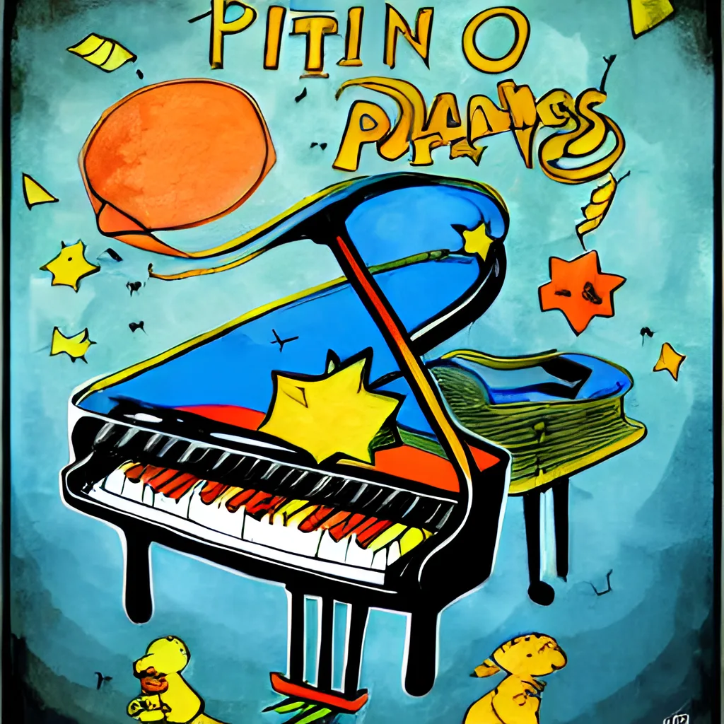 Colorful cartoon grand piano surrounded by stars