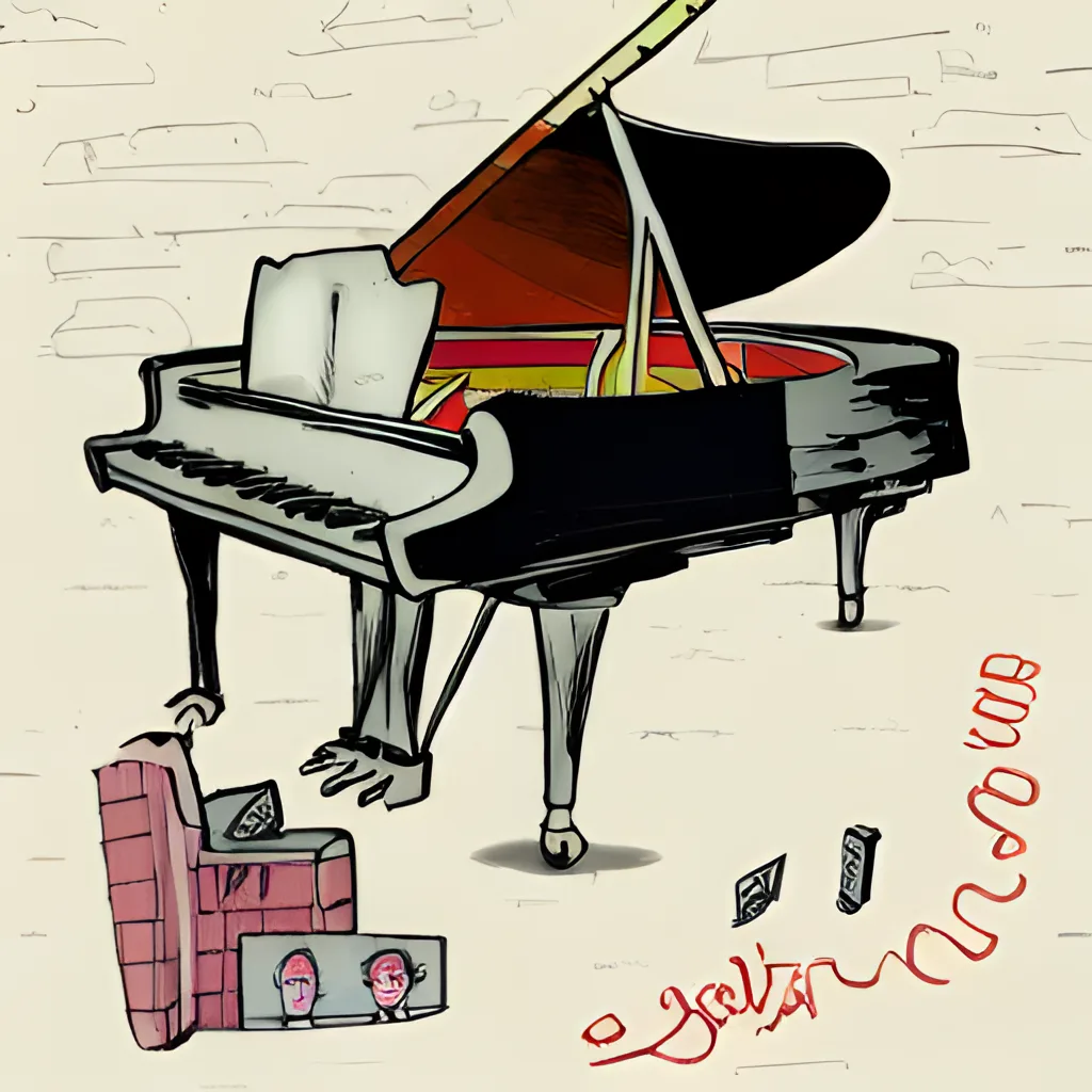 Cartoon grand piano next to a brick-pattern speaker on a cream background