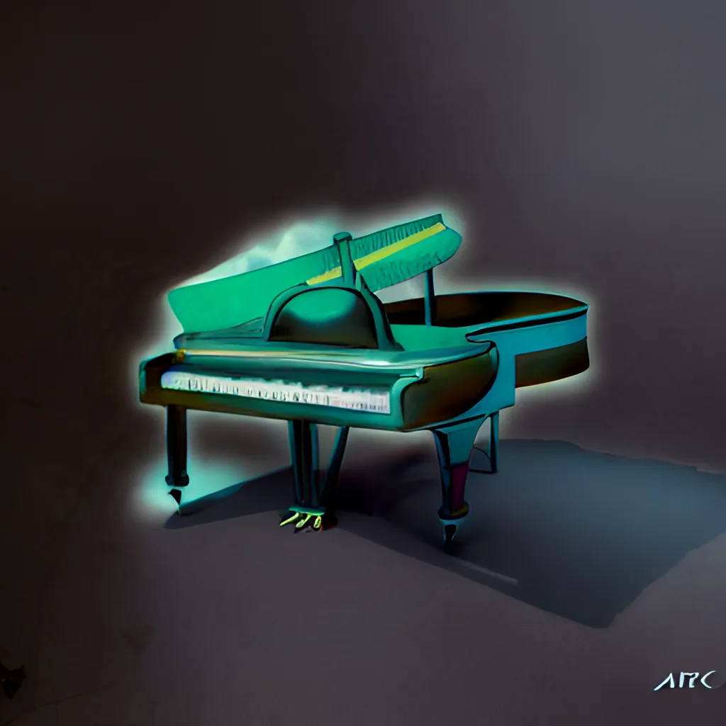 Teal grand piano glowing on a dark grey stage floor